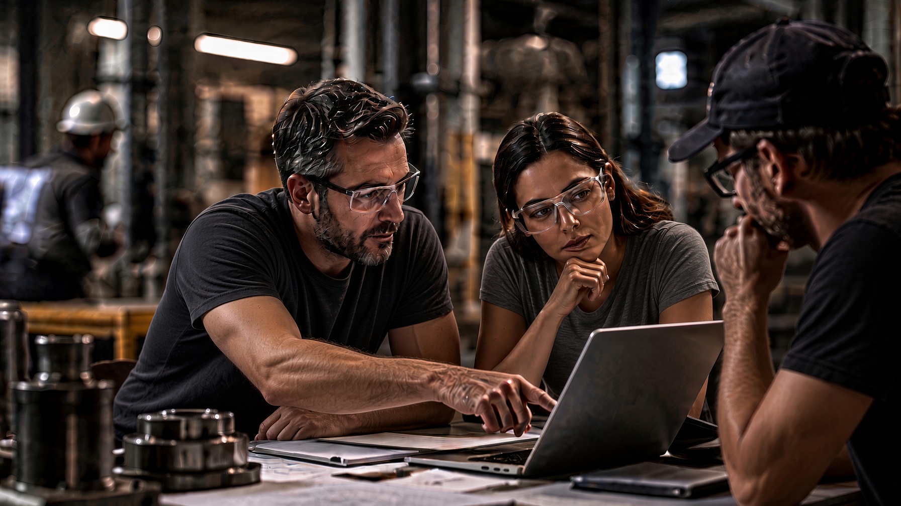 Technicians reviewing control room monitors and blueprints while inspectors examine industrial tanks and piping with flashlights.